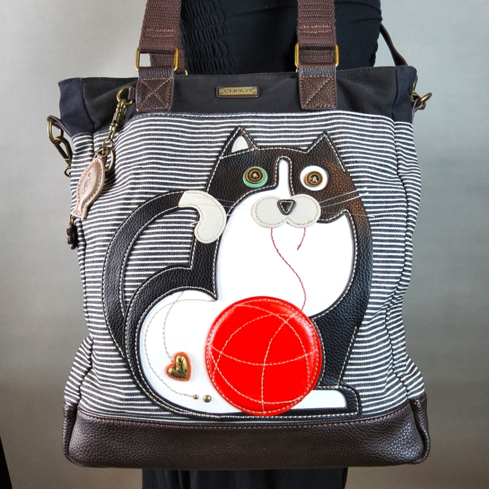 Chala Striped Cat Shoulder Bag with Red Yarn Accent